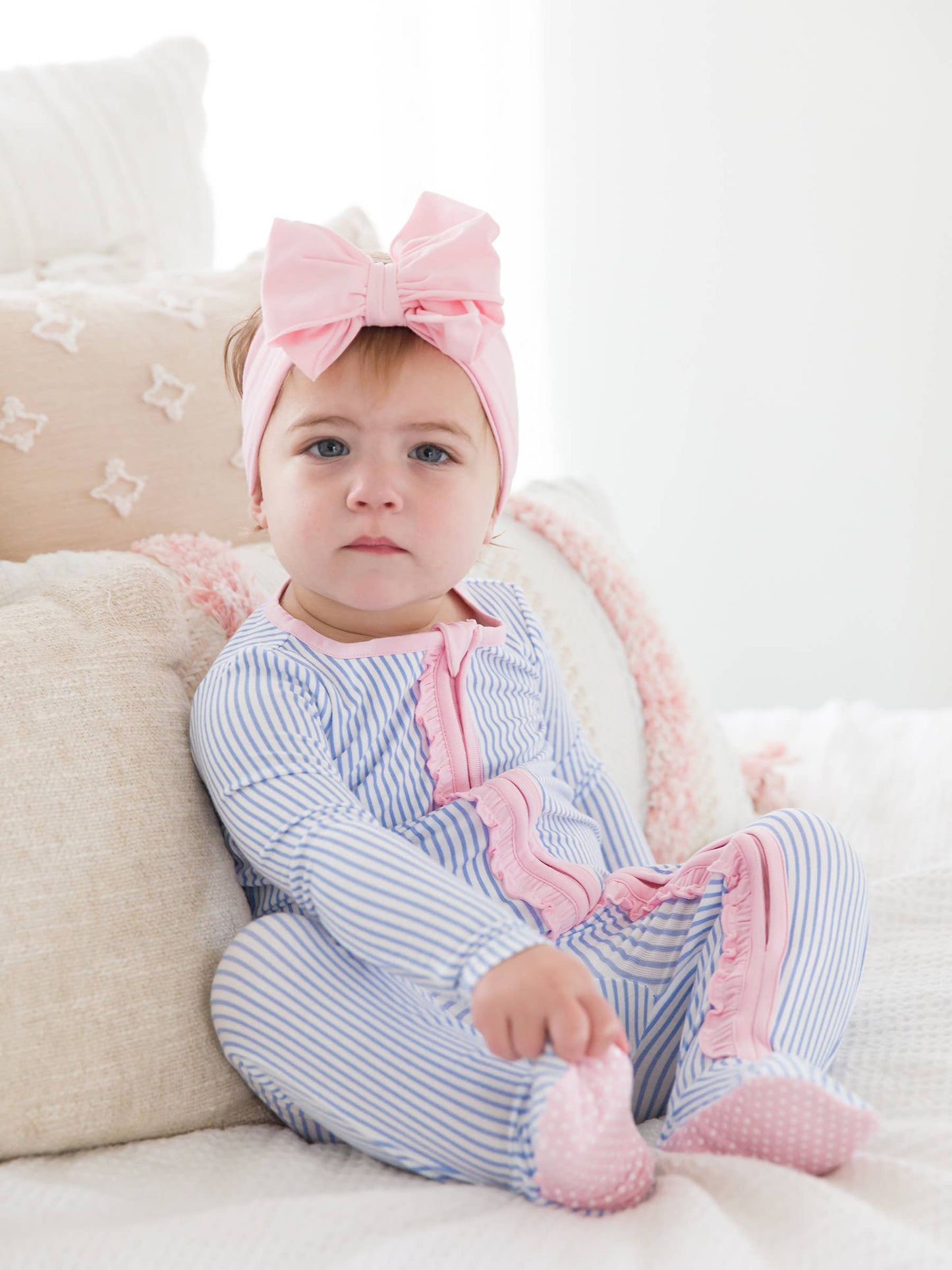 Girls Striped Ruffled Footie